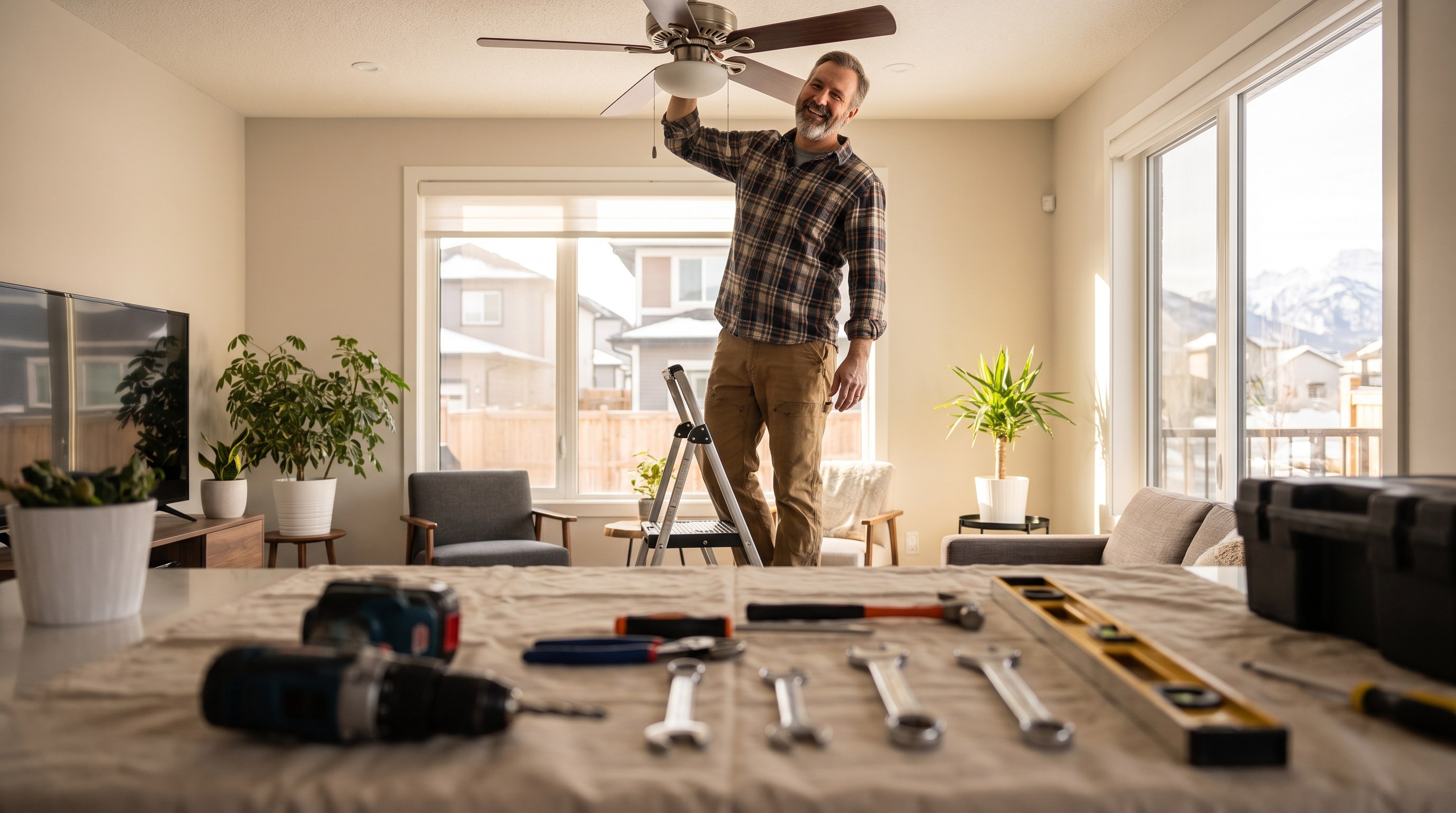A surveyor reviewing a real property report drawing at a kitchen table with property owner, Edmonton home, document review